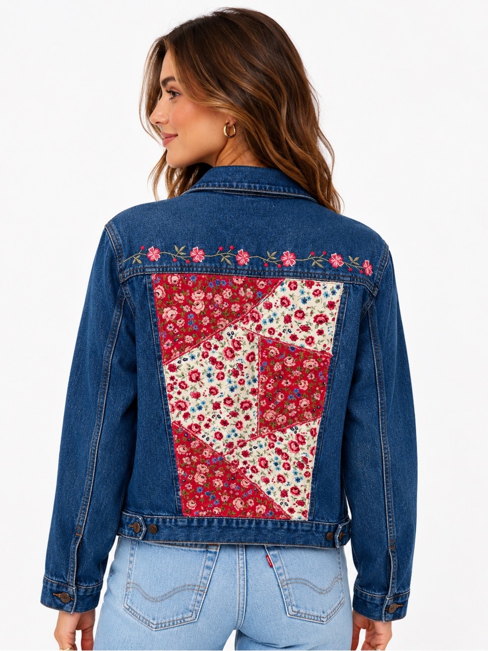 Vintage Tantrums Floral Patchwork Embroidery Denim Cottagecore Jacket Sz L - Picture 2 of 12